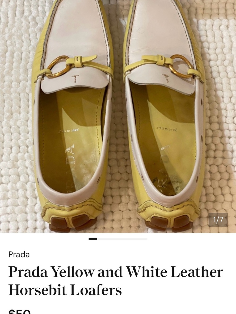 Prada Yellow and White Leather Horsebit Loafers - Picture 2 of 7
